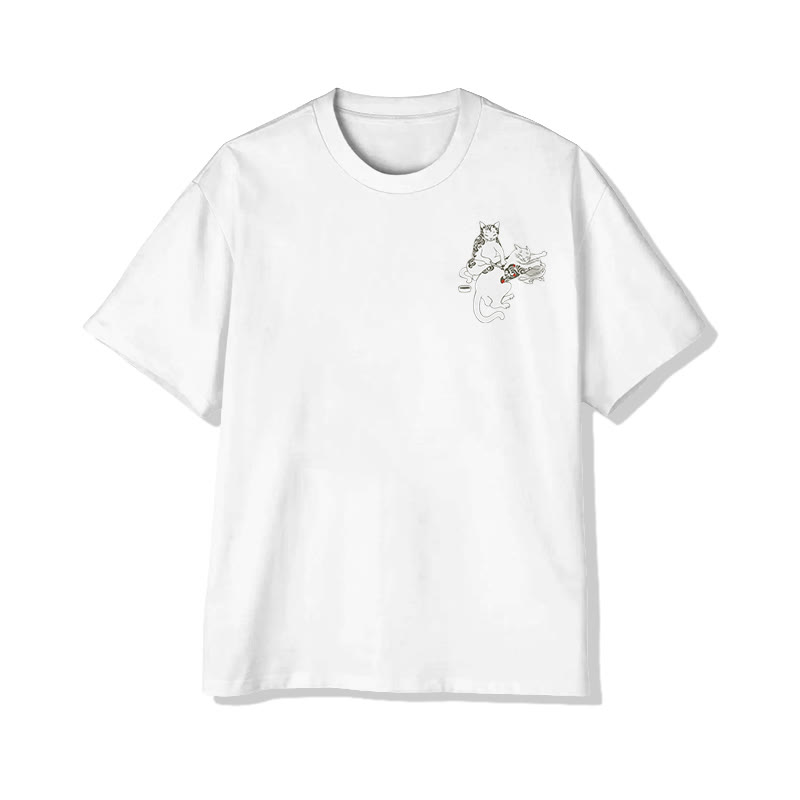 Unisex Fun Cat Tattoo Lounge Short Sleeved Crew Neck T-Shirt - image 2