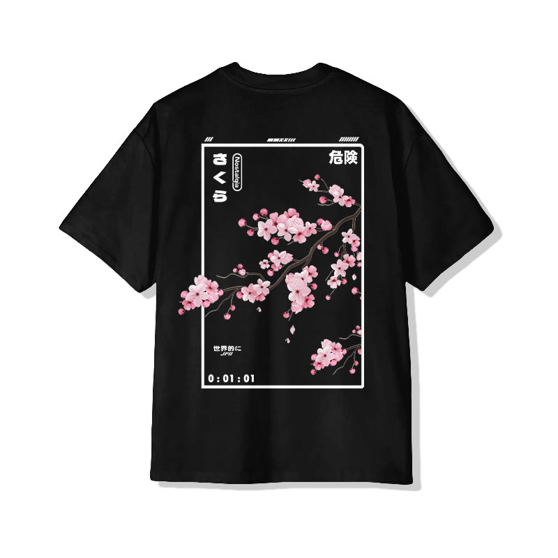 Unisex Cherry Blossom Print Short-Sleeve Crew Neck T-Shirt - Black - 2XL - image 1