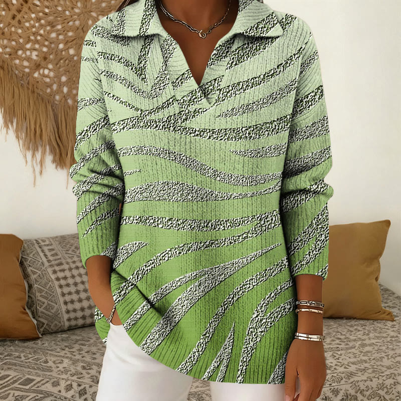 Zebra Print Polo Collar Long Sleeved Sweater - Green - 5XL - image 2