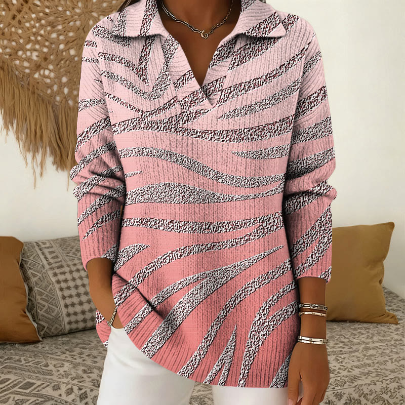 Zebra Print Polo Collar Long Sleeved Sweater - Pink - 5XL - image 1