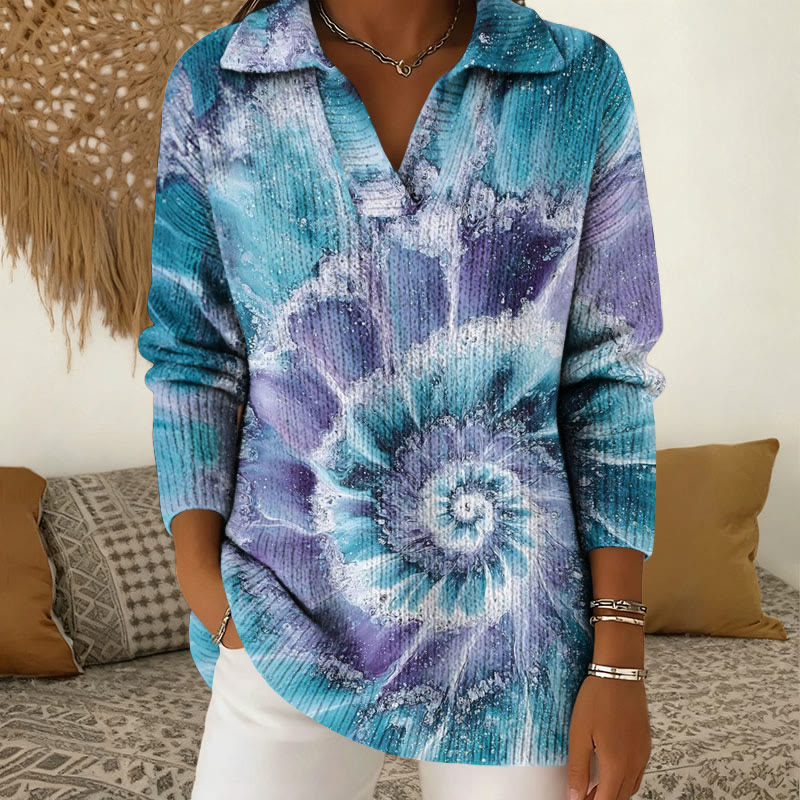 Tie Dye Vortex Print  Polo Collar Long Sleeved Sweater - Blue - 5XL - image 1