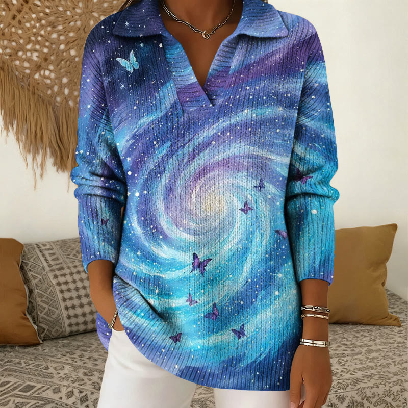 Starry Sky Gradient Swirling Butterfly Print Polo Collar Long Sleeved Sweater - Blue - 5XL - image 1