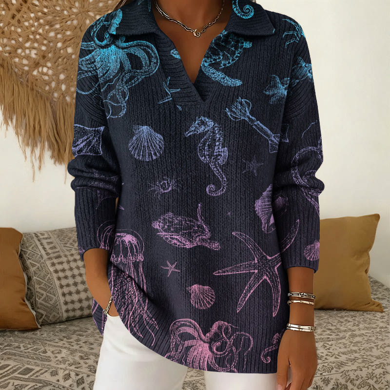 Ocean Gradient Animal Print Polo Collar Long Sleeved Sweater - Dark Blue - 5XL - image 1