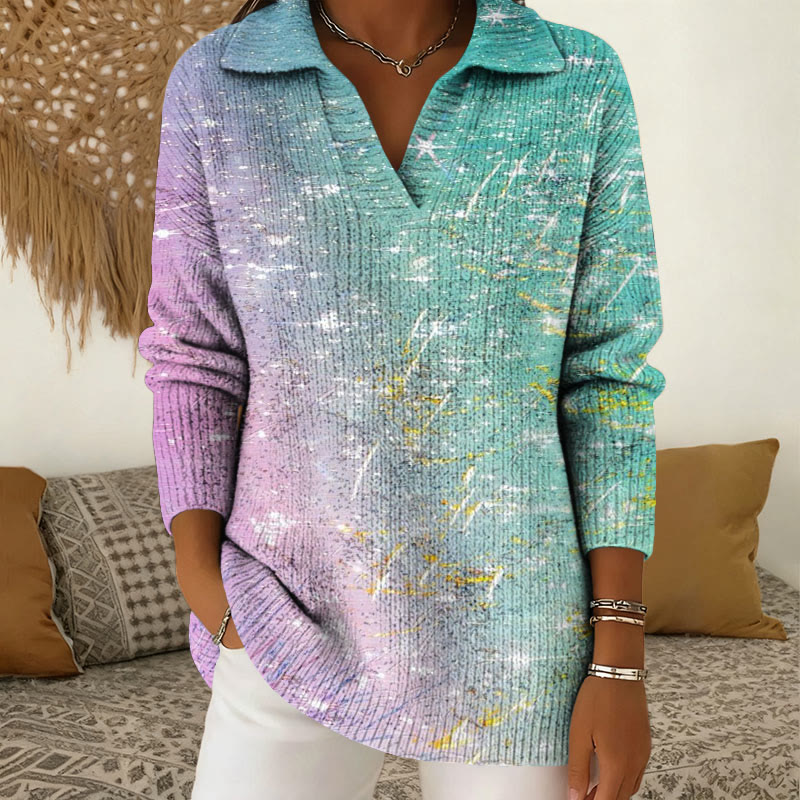 Gradient Print Polo Collar Long Sleeved Sweater - Green - 5XL - image 1