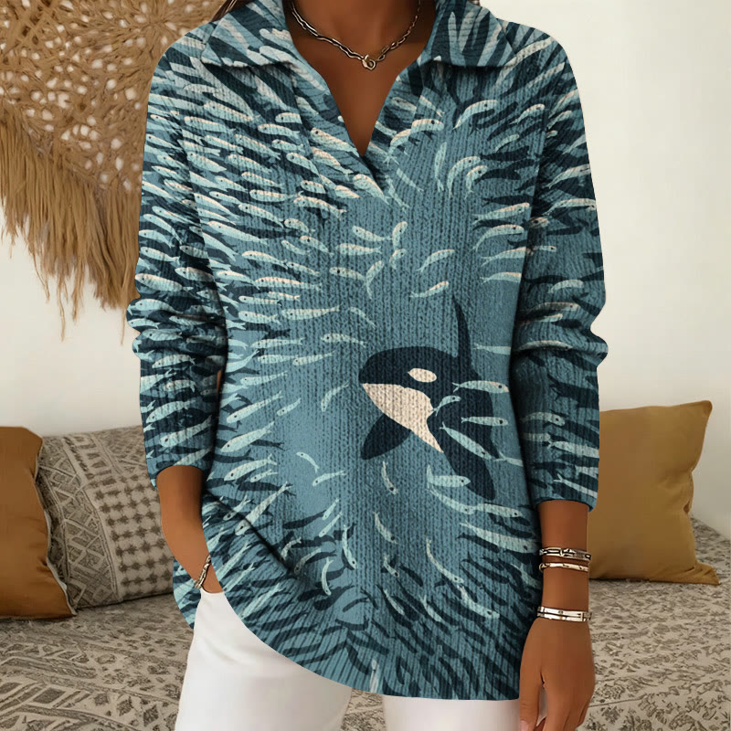Orca And Herring Ball Art Print Polo Collar Long Sleeved Sweater - Blue - 5XL - image 1
