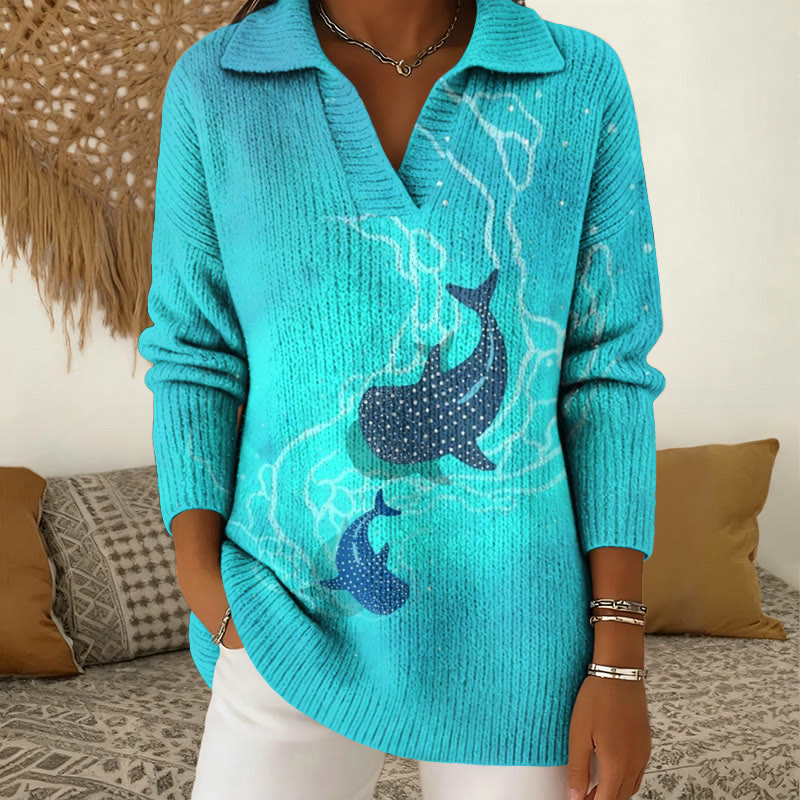 Two Whale Sharks On The Sea Floor Print Polo Collar Long Sleeved Sweater - Light Blue - 5XL - image 1