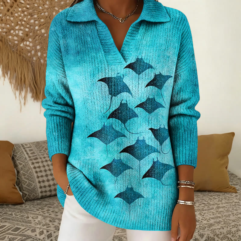 Vintage Manta Ray Art Print Polo Collar Long Sleeved Sweater - Light Blue - 5XL - image 1