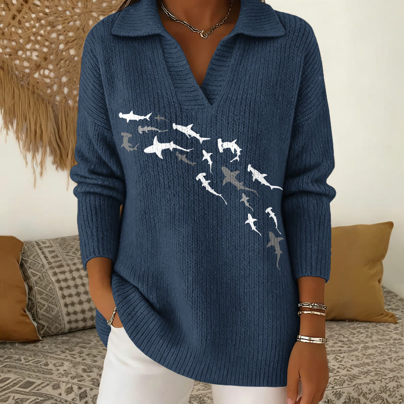Shark Print  Polo Collar Long Sleeved Sweater - Dark Blue - 5XL - image 2