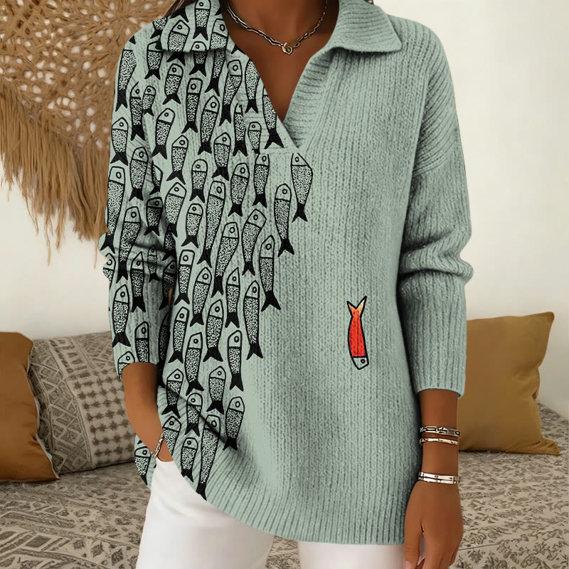 Cute Simple Lines Abstract Geometric Fish Art Print Polo Collar Long Sleeved Sweater - Green - 5XL - image 2