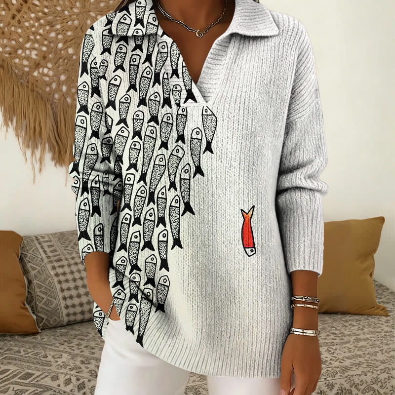 Cute Simple Lines Abstract Geometric Fish Art Print Polo Collar Long Sleeved Sweater - White - 5XL - image 1