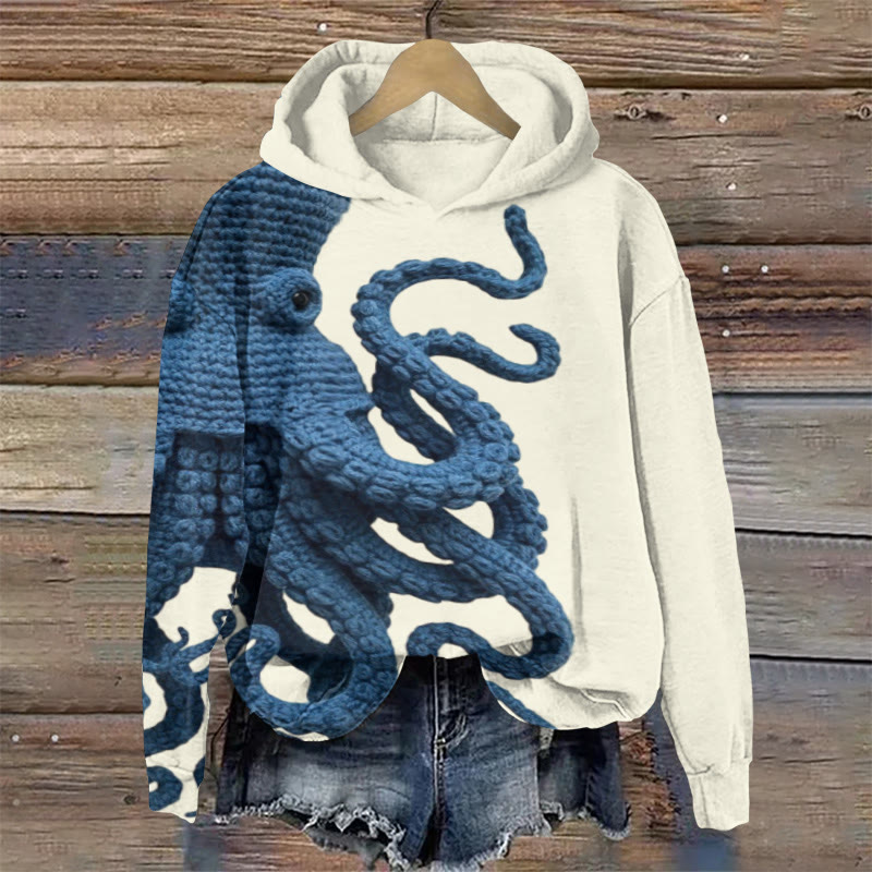 Japanese Art Octopus Chunky Knit Print Long Sleeve Hoodie - Beige - 8XL - image 1