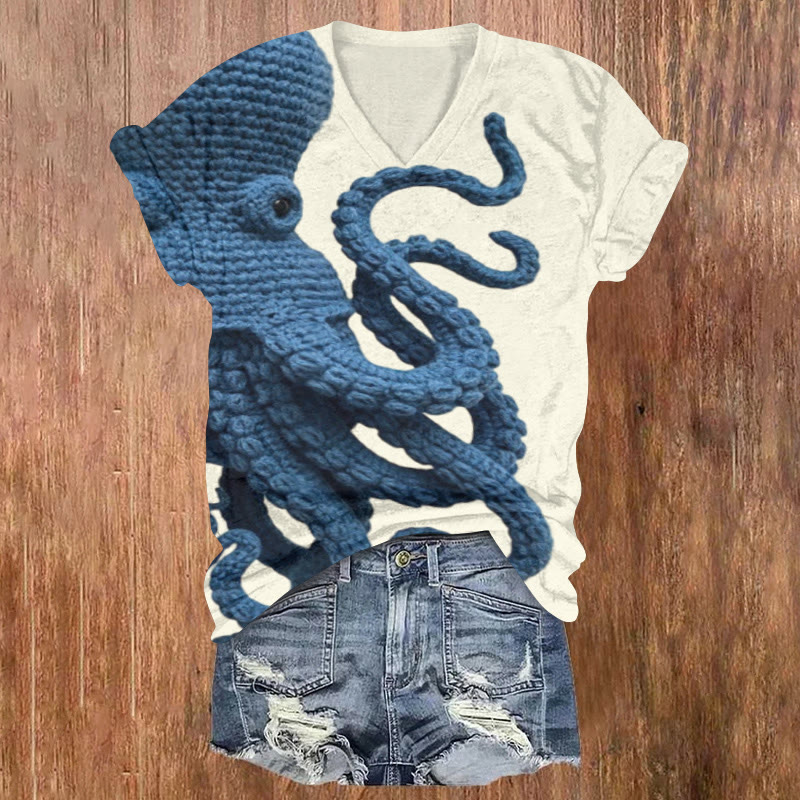 Japanese Art Octopus Chunky Knit Print Short Sleeved V-neck T-shirt - Beige - US32-34(5XL) - image 1