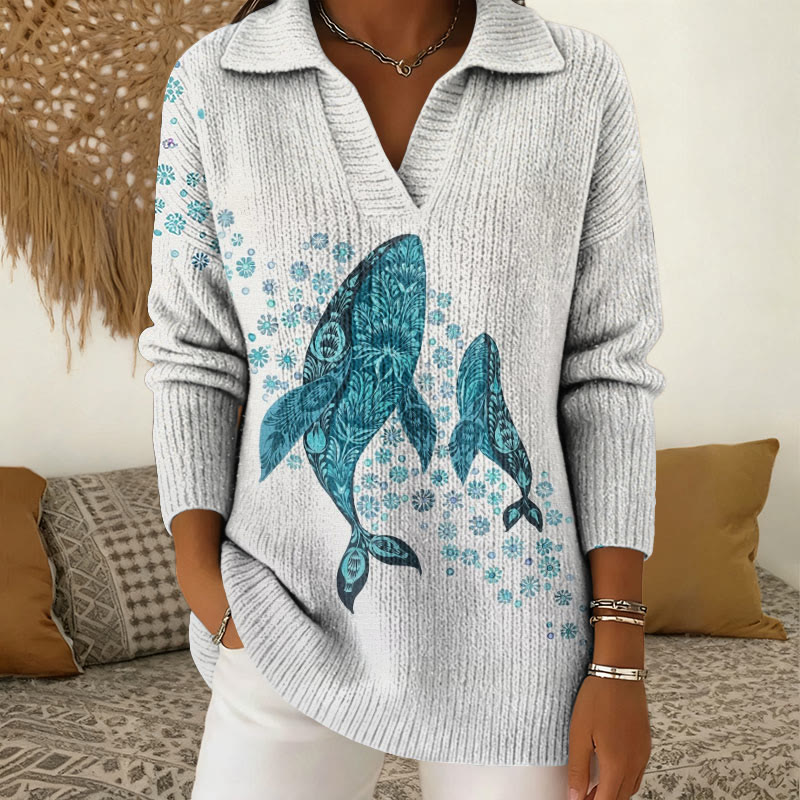 Whale And Floral Pattern Polo Collar Long-Sleeved Sweater - White - 5XL - image 1