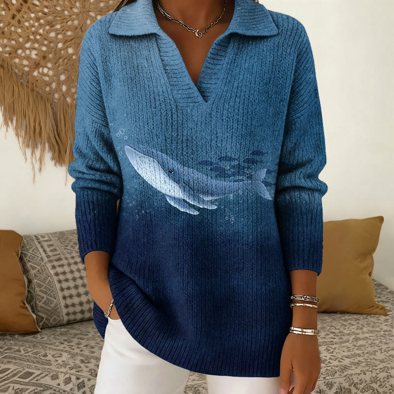 Whale Gradient Ocean Pattern Polo Collar Long Sleeved Sweater - Dark Blue - 5XL - image 1