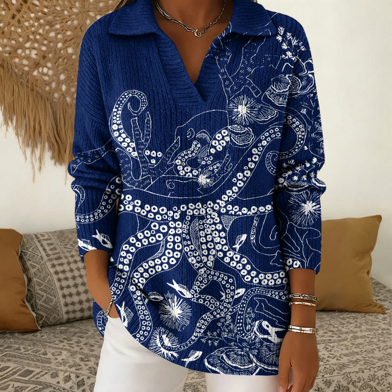 Ocean Octopus Pattern Polo Collar Long Sleeved Sweater - Dark Blue - 5XL - image 1