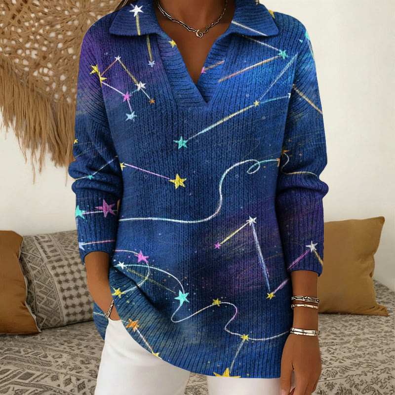 Gradient Magic Starry Sky Pattern Polo Collar  Long Sleeve Sweater - Dark Blue - 5XL - image 1