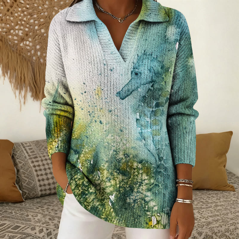 Vintage Watercolor Seahorse Pattern Polo Collar Long Sleeved Sweater - Green - 5XL - image 1