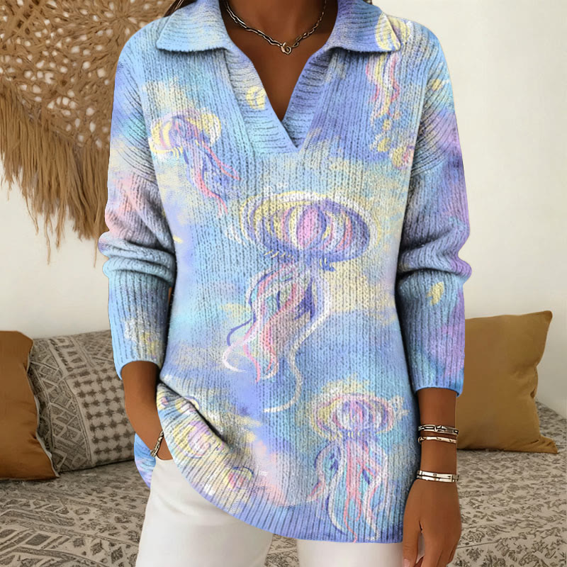 Gradient Colored Jellyfish Pattern Polo Collar Long Sleeved Sweater - Light Blue - 5XL - image 1