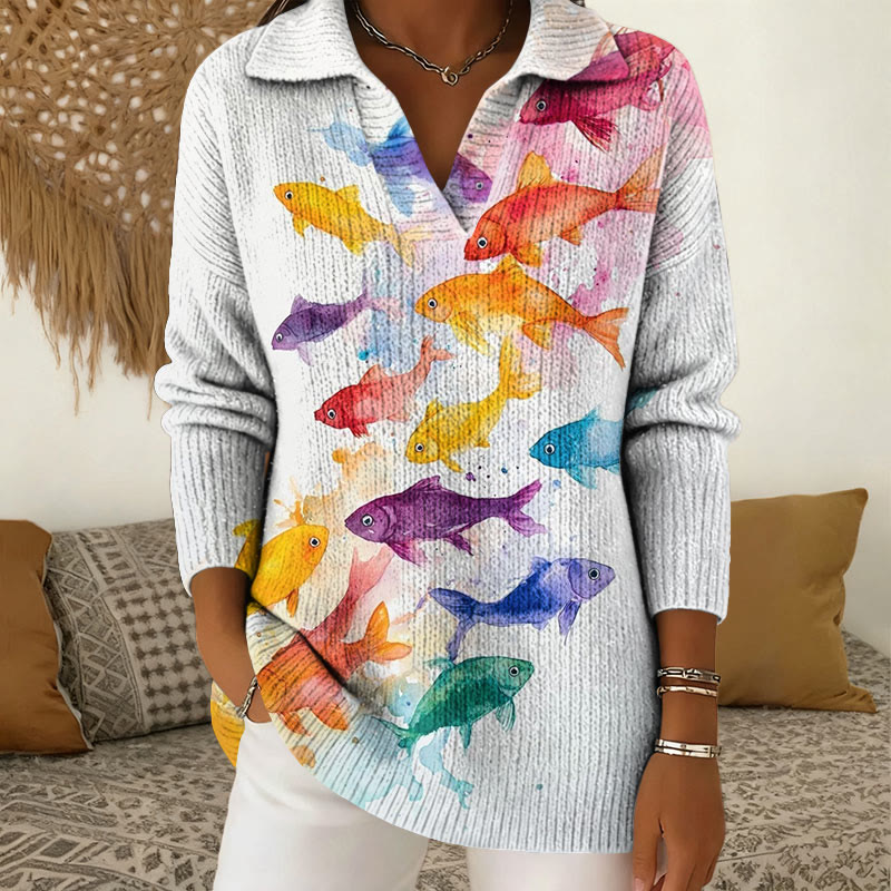 Colorful Fish Team Polo Collar Long Sleeve Sweater - White - 5XL - image 1