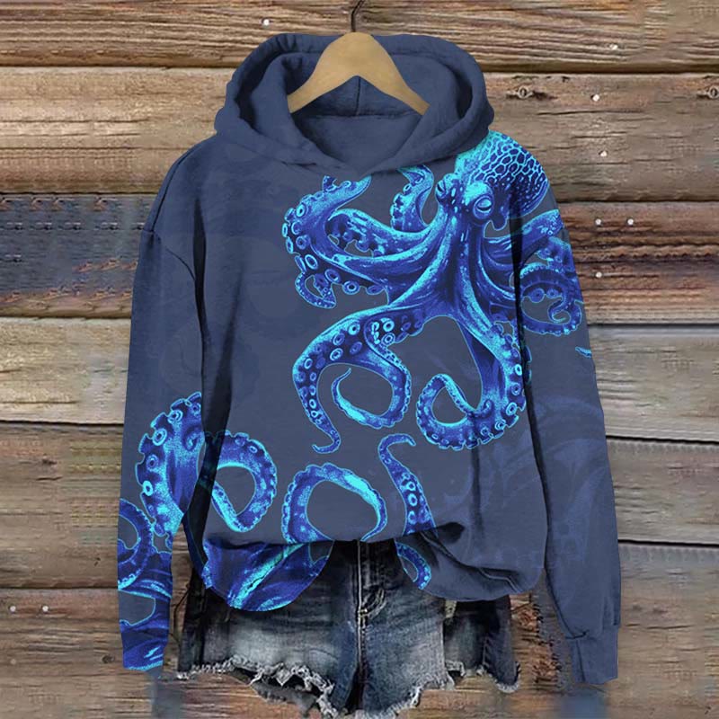 Vintage Fluorescent Blue Octopus Art Print Long Sleeve Hoodie - Blue - US44-46(8XL) - image 2