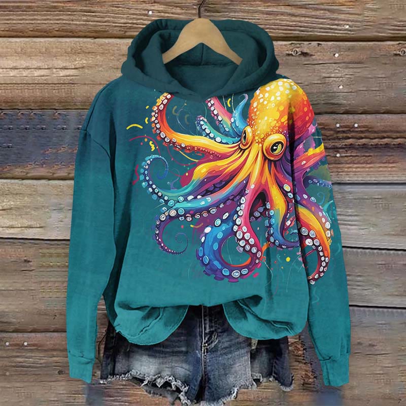 Creative Colorful Octopus Art Print Long Sleeve Hoodie - Green - US44-46(8XL) - image 1