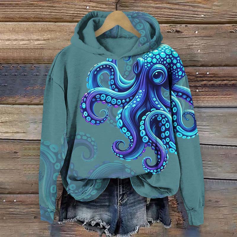 Retro Unique Octopus Art Print Long Sleeve Hoodie - Green - US44-46(8XL) - image 2