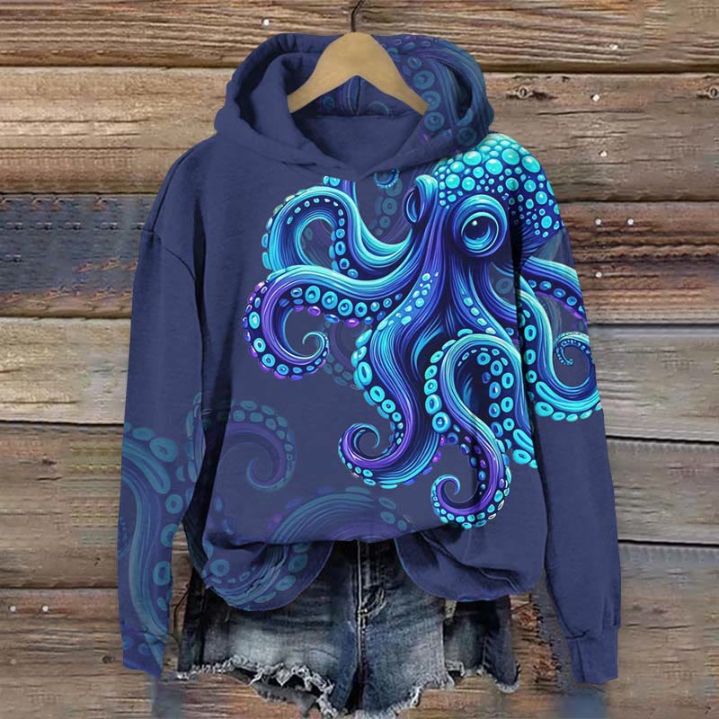 Retro Unique Octopus Art Print Long Sleeve Hoodie - Blue - US44-46(8XL) - image 1