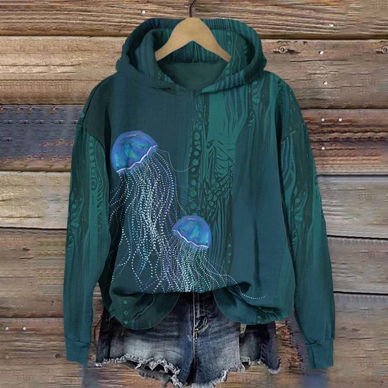 Retro Glowing Jellyfish Art Print Long Sleeve Hoodie - Green - US44-46(8XL) - image 1