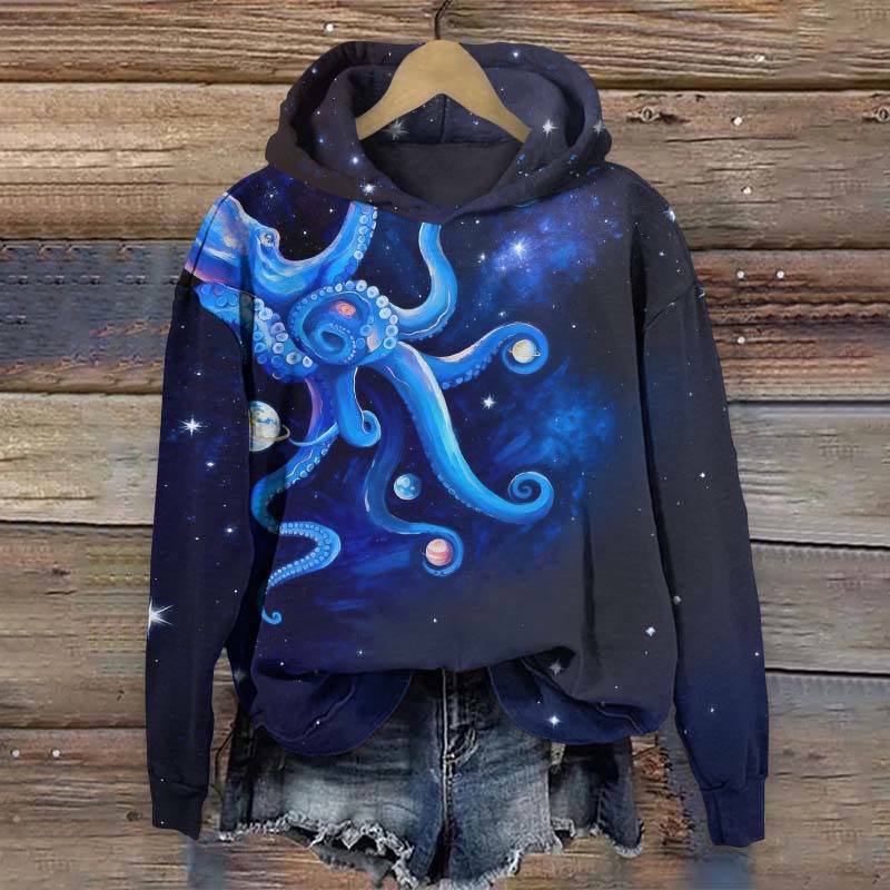 Creative Octopus Flying In Universe Art Print Long Sleeve Hoodie - Black - US44-46(8XL) - image 1