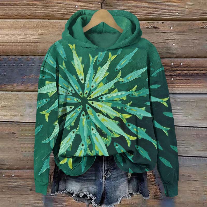 Funny Watercolor Sardines Art Print Long Sleeve Hoodie - Green - US44-46(8XL) - image 2