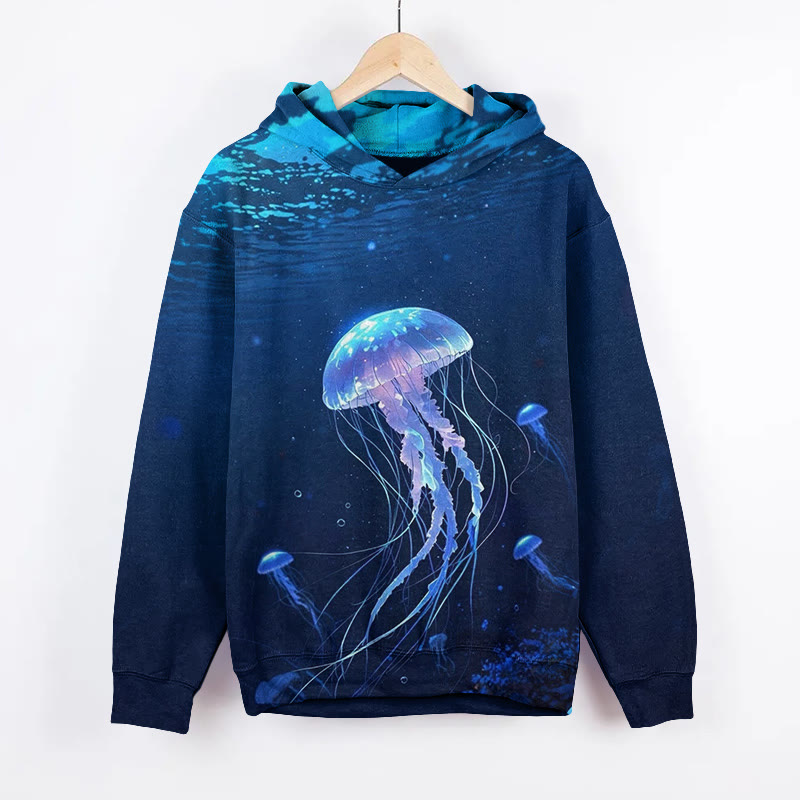 Glowing Jellyfish Pattern Print Long Sleeved Hoodie - Dark Blue - 8XL - image 1
