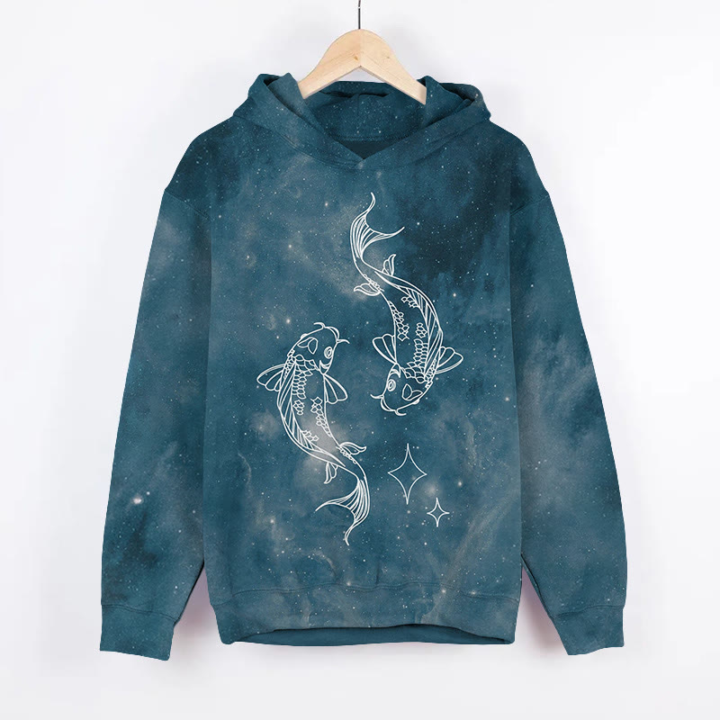 Sparkling Starry Sky Gradient Koi Pattern Print Long Sleeved Hoodie - Dark Blue - 8XL - image 1