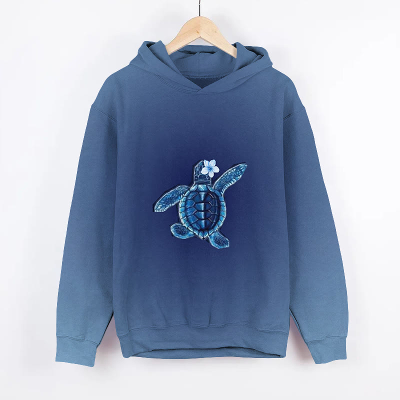 Gradient Floral Turtle Print Long Sleeved Hoodie - Blue - 8XL - image 1