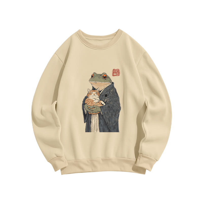 Unisex A Frog Holding A Cat  Print Long Sleeve Crew Neck Sweatshirt - Apricot - US16-18(2XL) - image 2