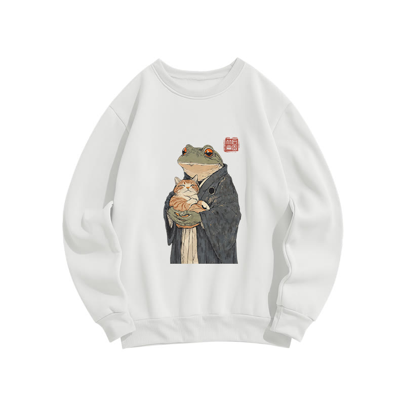 Unisex A Frog Holding A Cat  Print Long Sleeve Crew Neck Sweatshirt - White - US16-18(2XL) - image 1