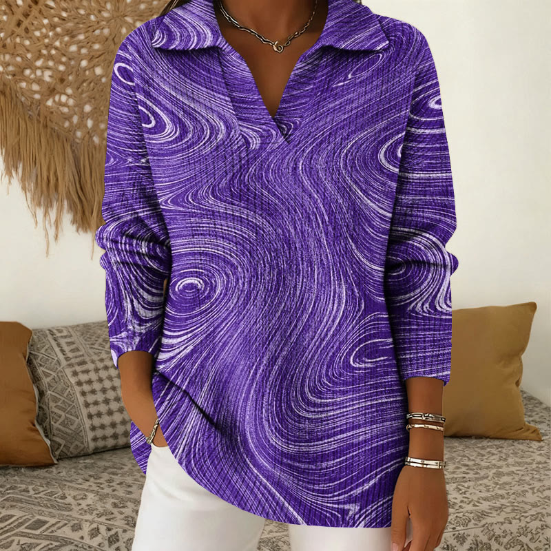 Gradient Water Ripple Art Pattern Polo Collar Long Sleeve Sweater - Purple - 5XL - image 2