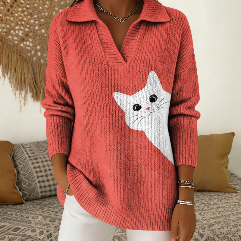  Cat Pattern Polo Collar Long Sleeve Sweater - Rose - 5XL - image 2