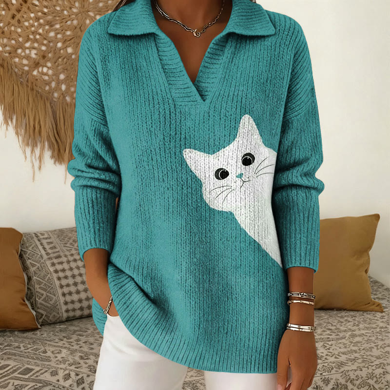  Cat Pattern Polo Collar Long Sleeve Sweater - Lake Blue - 5XL - image 1