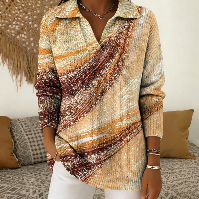  Shimmering Gradient  Print Polo Collar Long Sleeve Sweater - Khaki - 5XL - image 1