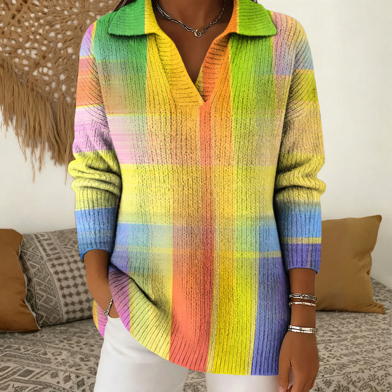 Gradient Plaid Print Polo Collar Long Sleeved Sweater - Yellow - 5XL - image 1