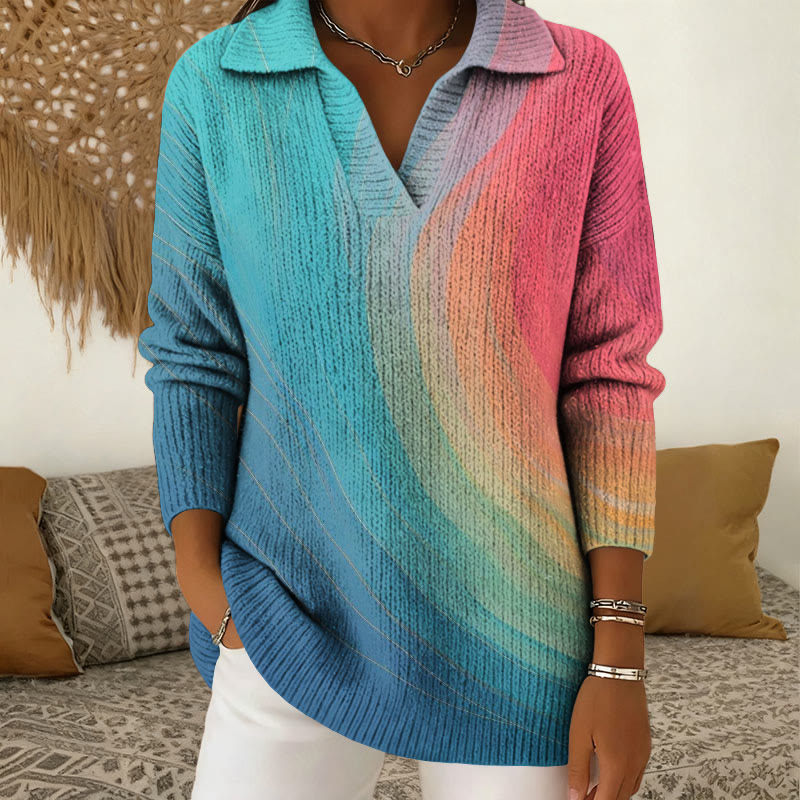 Gradient Curved Art Print Polo Collar Long Sleeved Sweater - Blue - 5XL - image 1