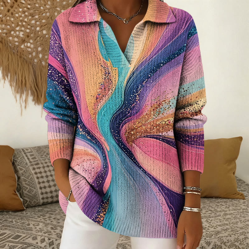 Gradient Multicolored Quicksand Art Print Polo Collar Long Sleeved Sweater - Multicolor - 5XL - image 1