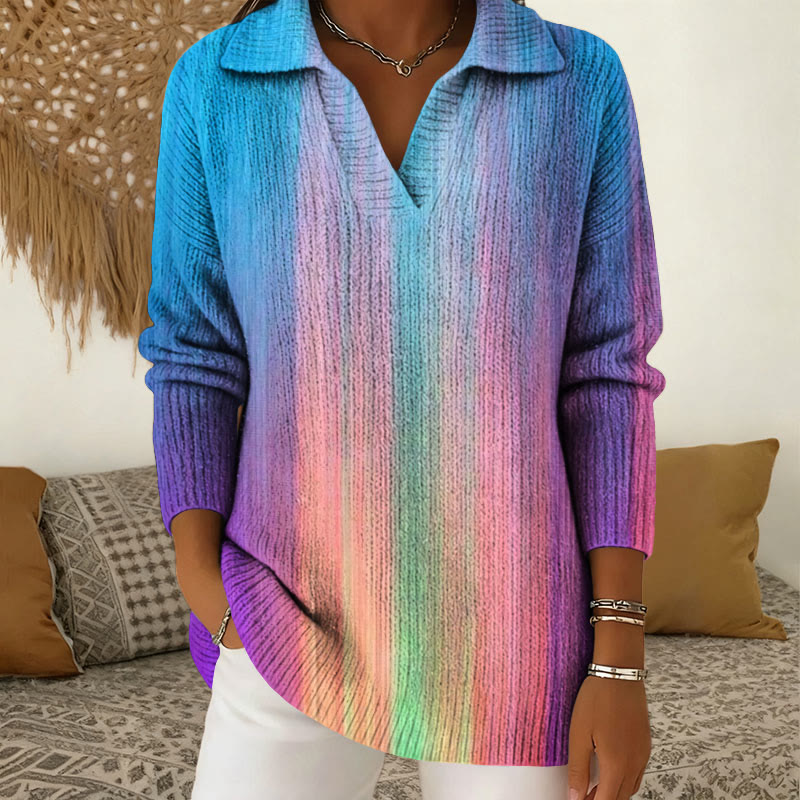 Gradient Color Vertical Stripe Print Polo Collar Long Sleeved Sweater - Multicolor - 5XL - image 1