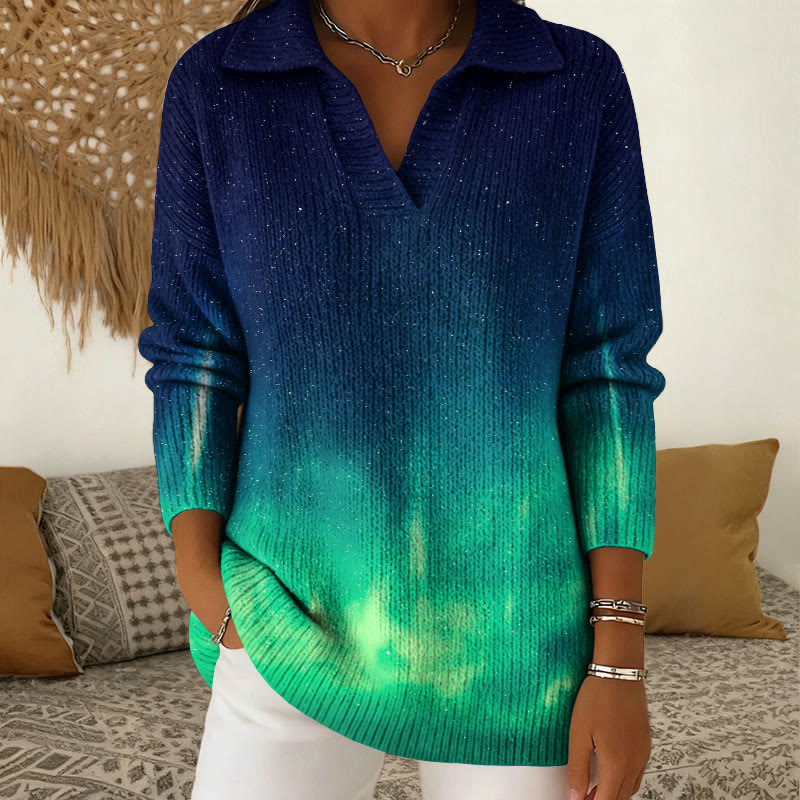 Starry Sky Gradient Sparkling Art Print Polo Collar Long Sleeve Sweater - Dark Blue - 5XL - image 1