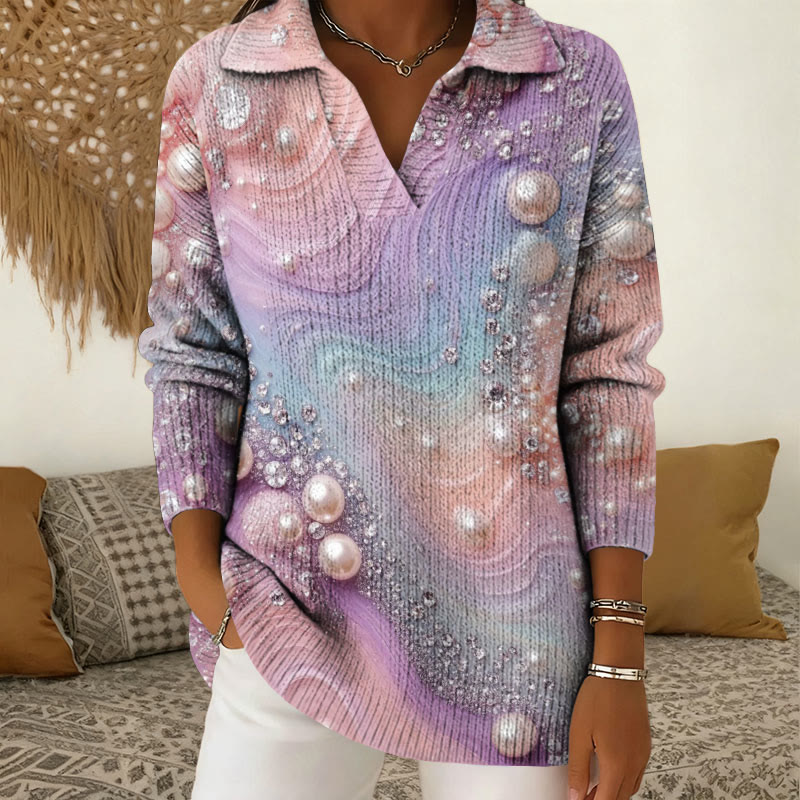 Shimmering Gradient Pearl Art  Print Polo Collar Long Sleeve Sweater - Light Pink - 5XL - image 1