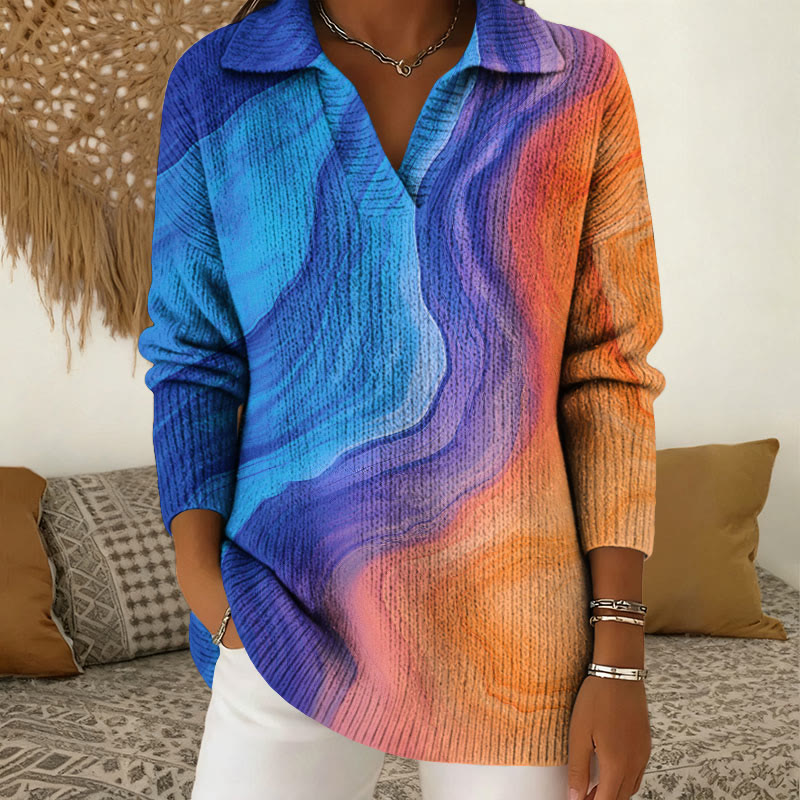 Gradient Art  Print Polo Collar Long Sleeve Sweater - Blue - 5XL - image 1