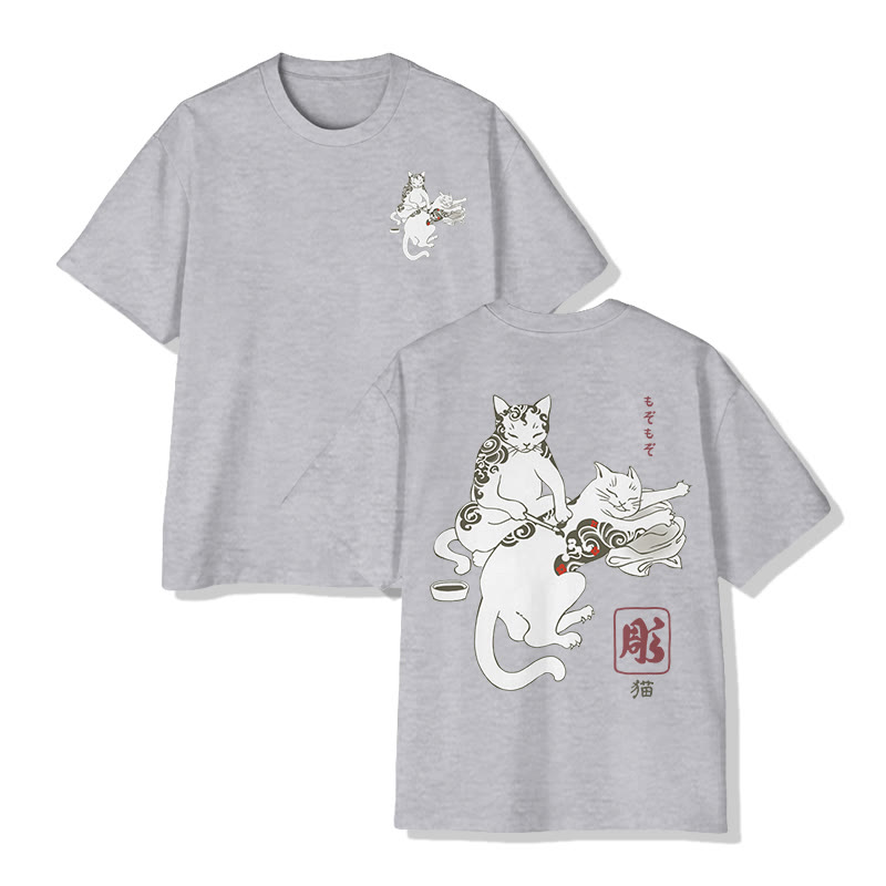 Unisex Fun Cat Tattoo Lounge Short Sleeved Crew Neck T-Shirt - Grey - 2XL - image 11