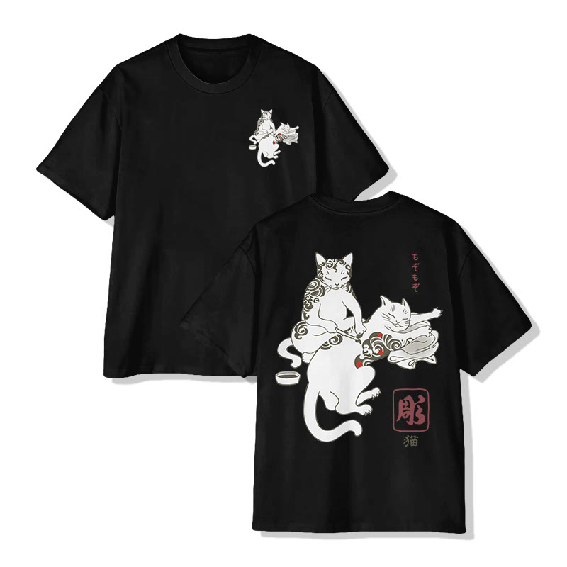 Unisex Fun Cat Tattoo Lounge Short Sleeved Crew Neck T-Shirt - Black - 2XL - image 12