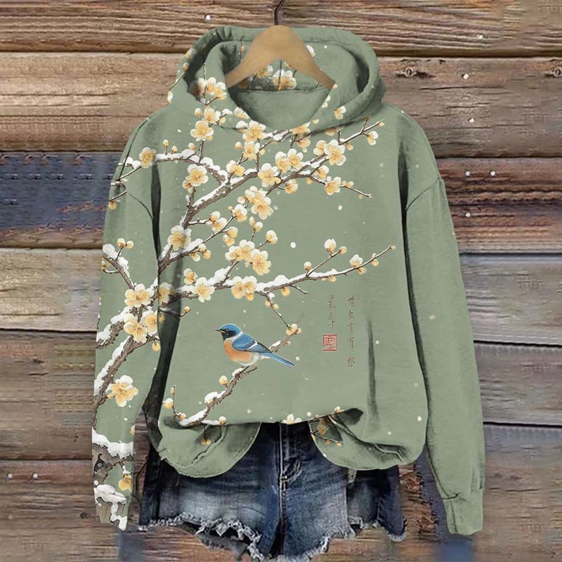 Japanese Art Plum Blossom & Bird Art Print Long Sleeve Hoodie - Green - US44-46(8XL) - image 2