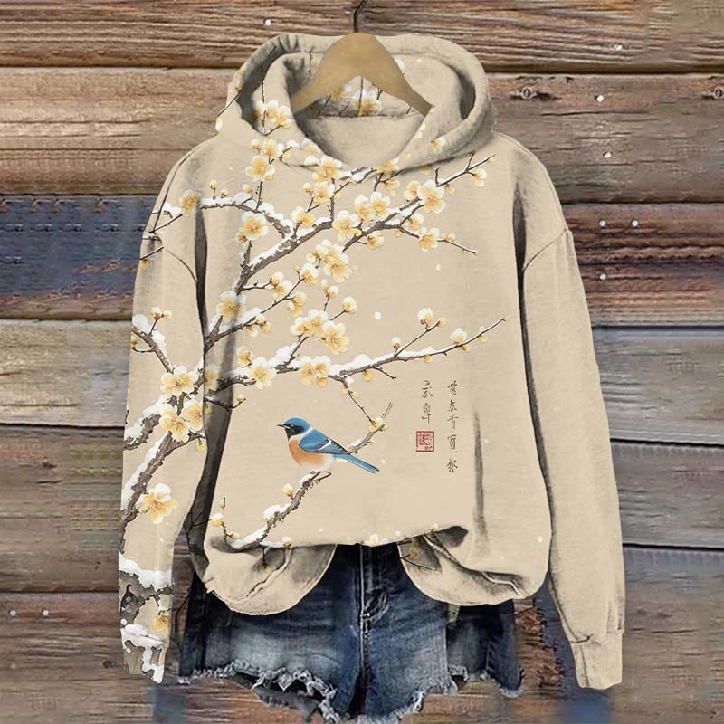 Japanese Art Plum Blossom & Bird Art Print Long Sleeve Hoodie - Yellow - US44-46(8XL) - image 1